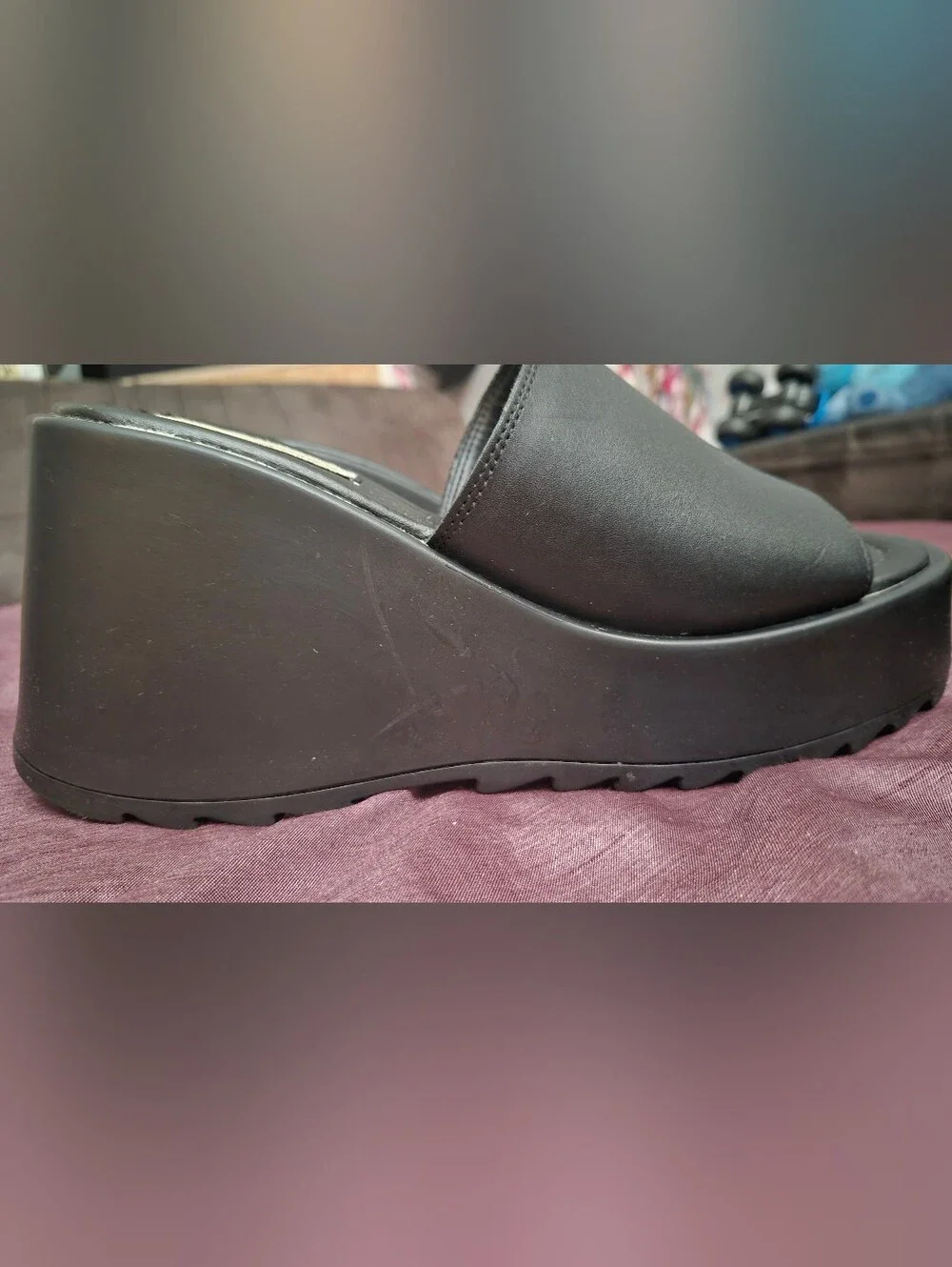 Steve Madden Pepe30 Black Leather Platform Wedge Slide Sandals Size 9